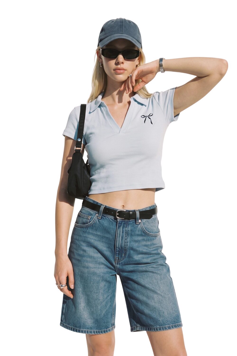 V-Ausschnitt Kurzarm Crop Top