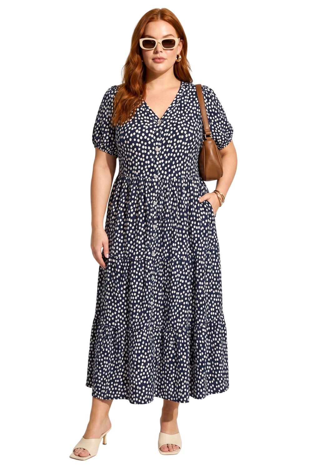 V-Ausschnitt Kurzarm Muster Midi Kleid