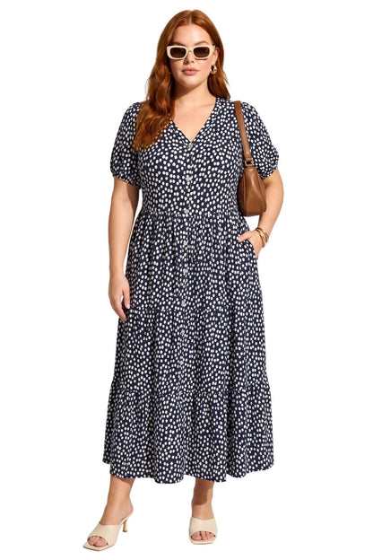 V-Ausschnitt Kurzarm Muster Midi Kleid