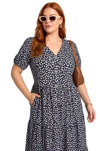V-Ausschnitt Kurzarm Muster Midi Kleid