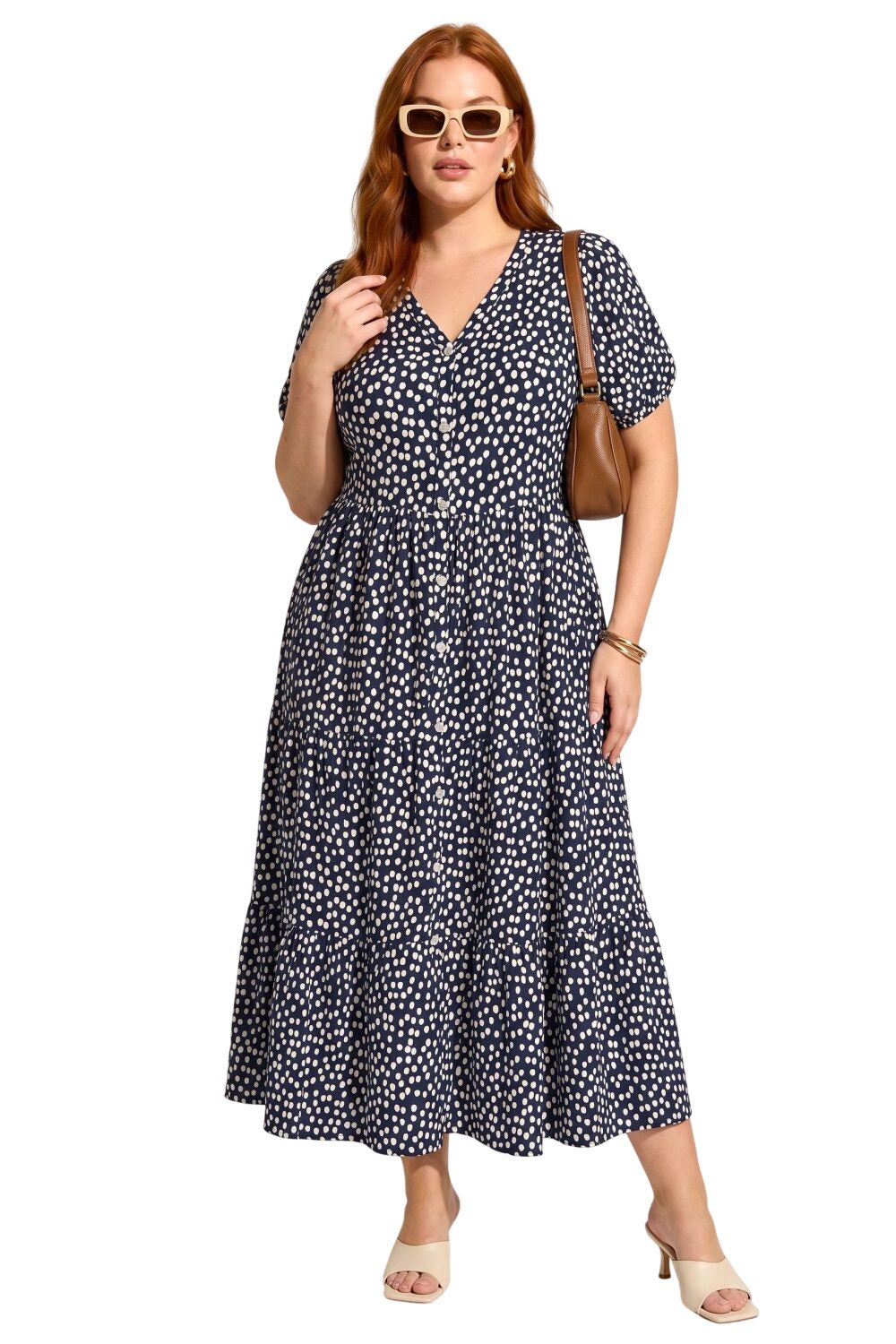 V-Ausschnitt Kurzarm Muster Midi Kleid
