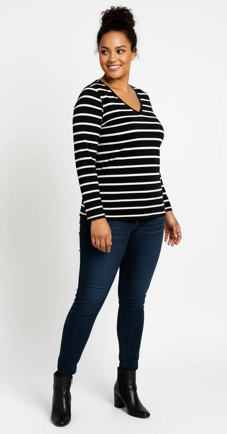 Gestreifte Bluse mit V-Ausschnitt und langen Ärmeln