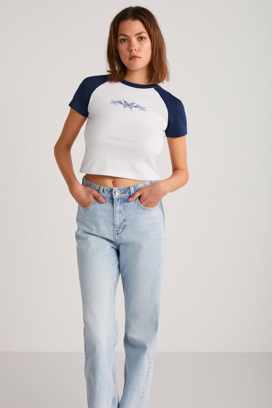 VANE Damen Crop Shirt Print Weiß-Marine