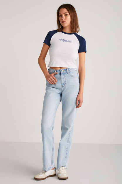 VANE Damen Crop Shirt Print Weiß-Marine