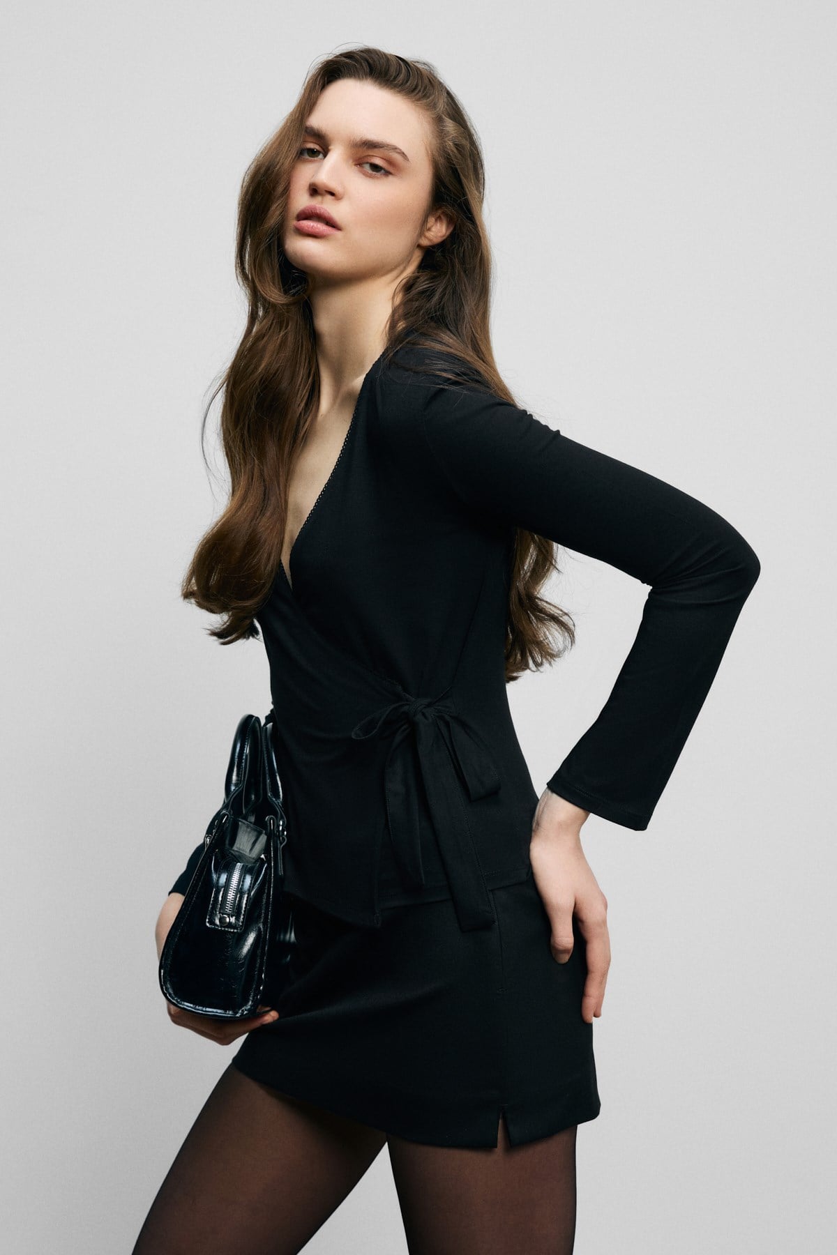 ETHIQUET VEGA Damen Wickelbluse Langarm Schwarz