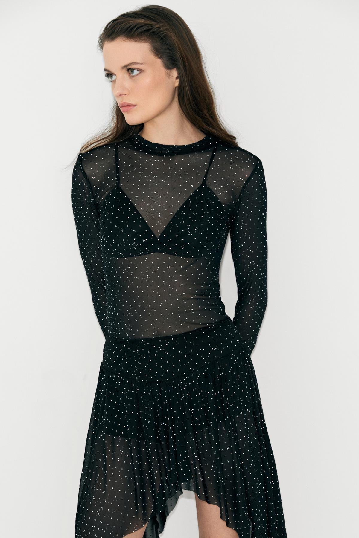 GRIMELANGE VERDADES Damen Transparente Bluse Rundhals Schwarz