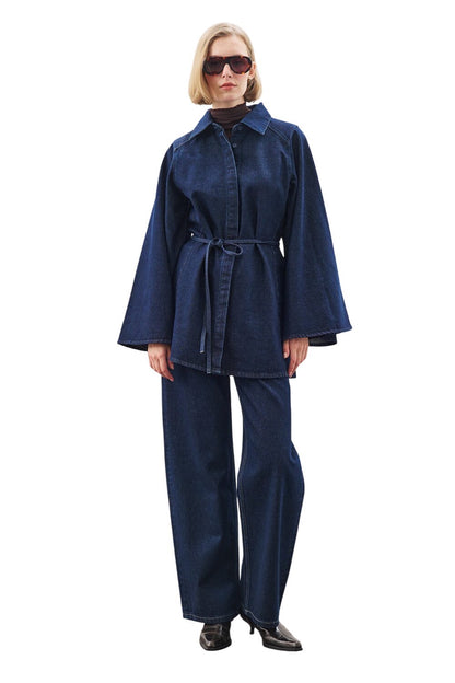 Weites Jeanshemd mit Capeärmeln, Indigo