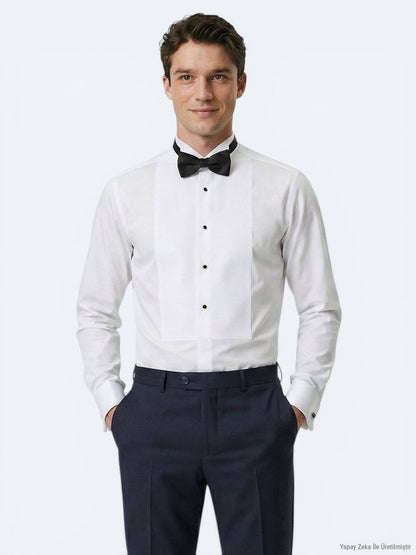 Weißes Slim Fit Smokinghemd mit Doppelmanschette
