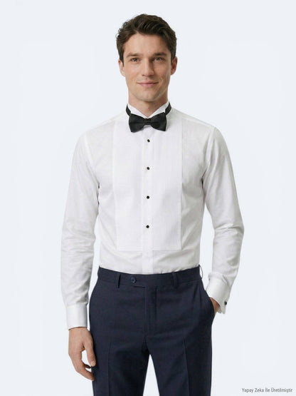Weißes Slim Fit Smokinghemd mit Doppelmanschette