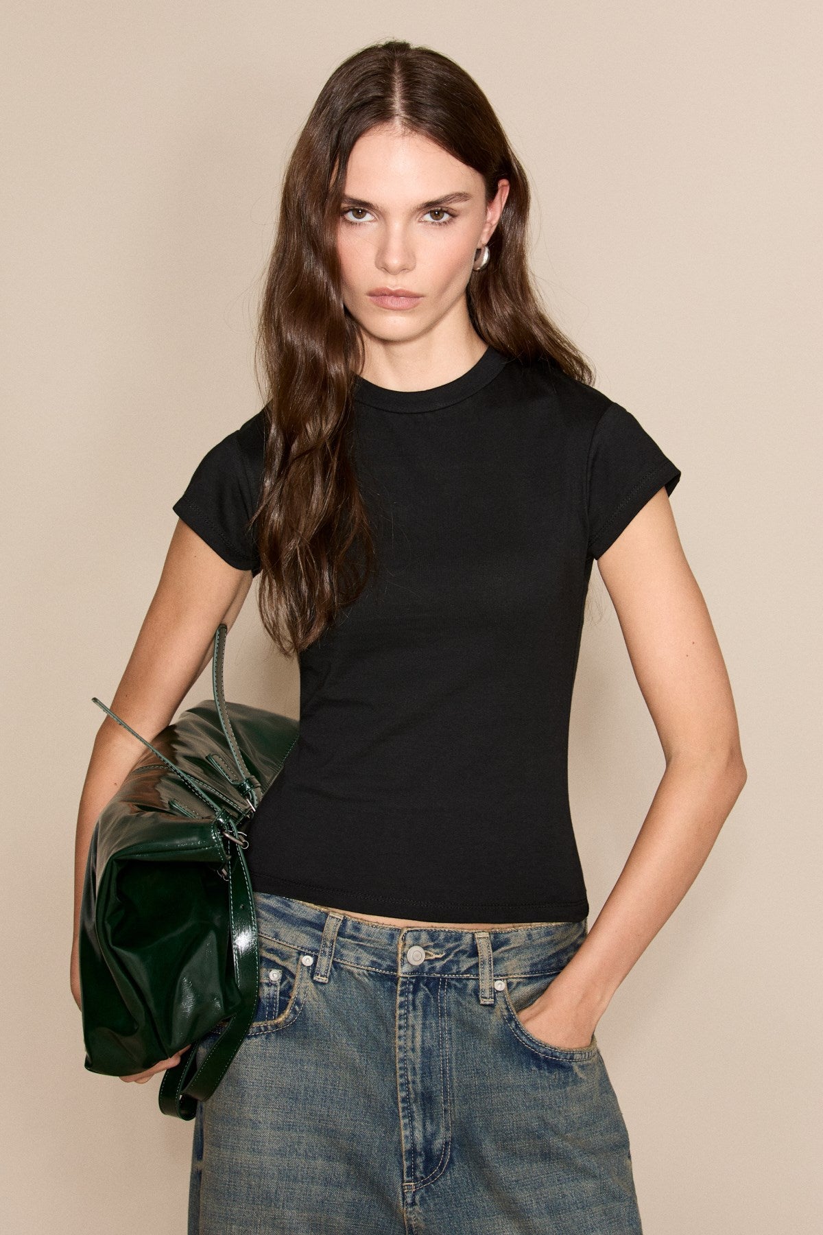 GRIMELANGE Windes Damen Stretch Basic T-Shirt Schwarz