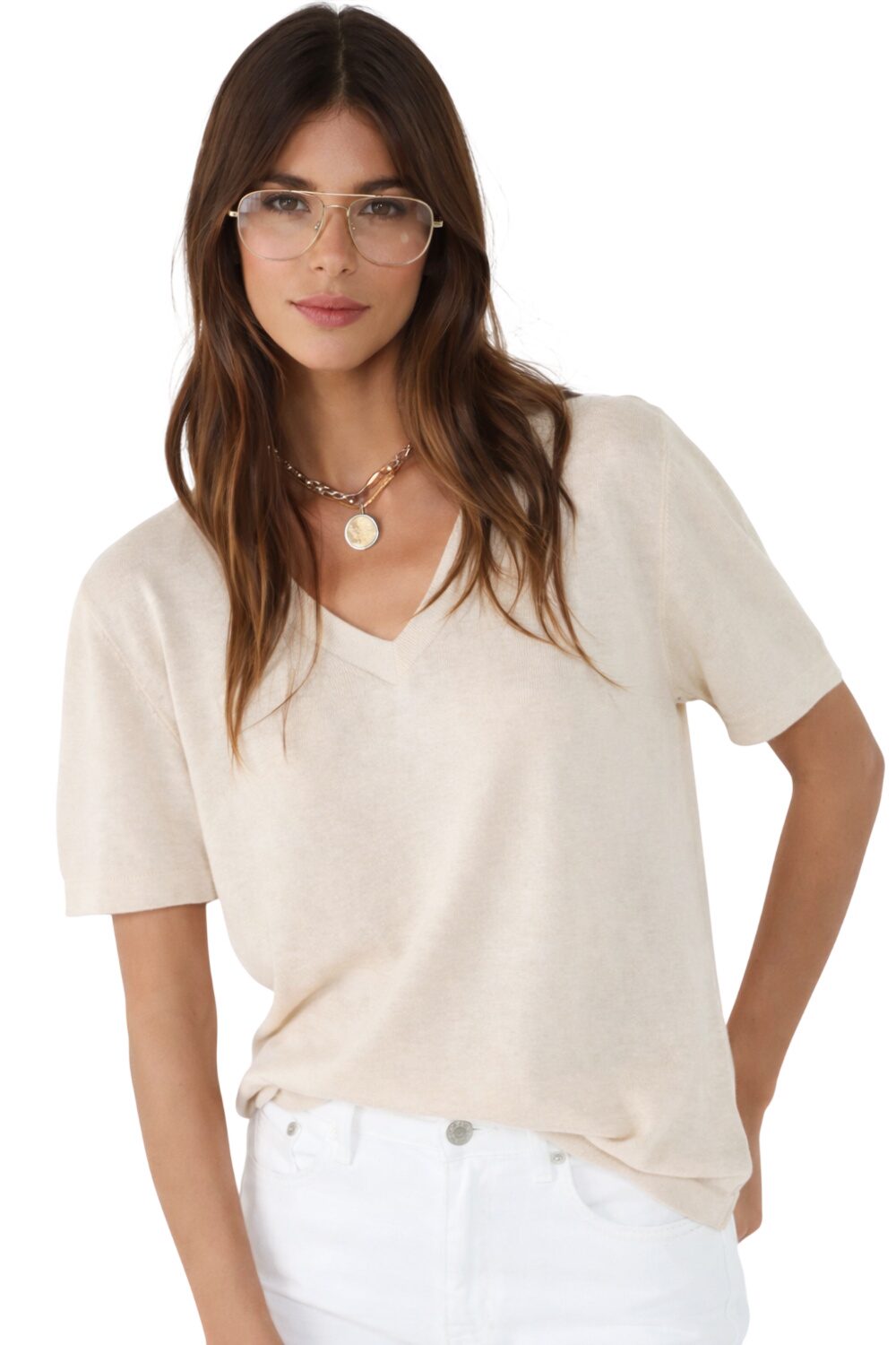 Glitzerndes T-Shirt mit V-Ausschnitt