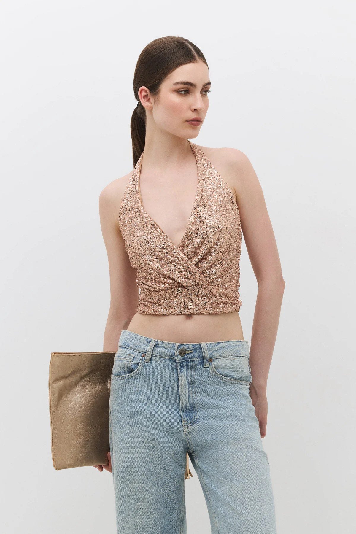 Paillettenbesetzte schulterfreie Bluse