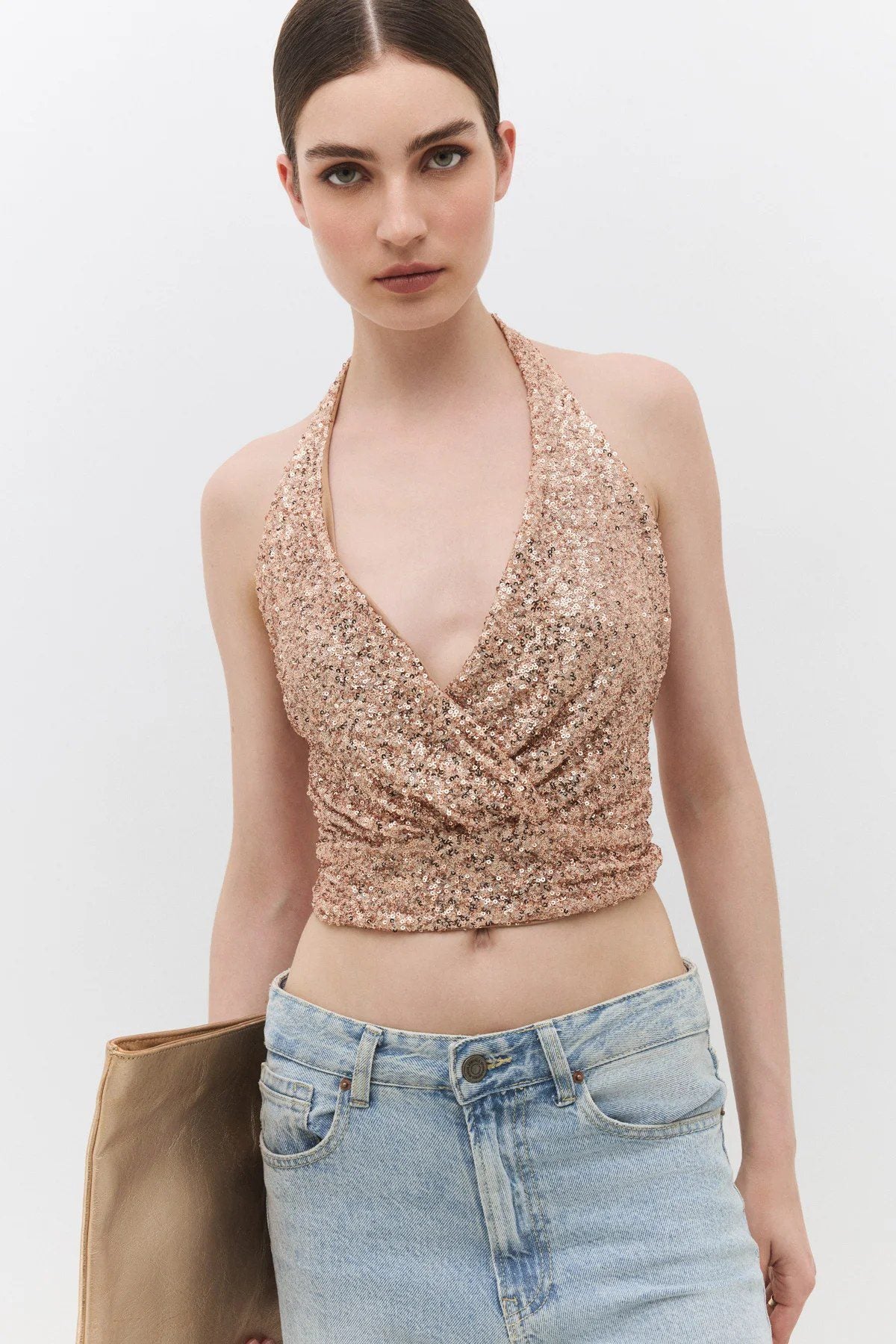 Paillettenbesetzte schulterfreie Bluse