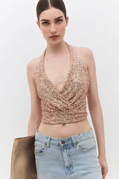 Paillettenbesetzte schulterfreie Bluse