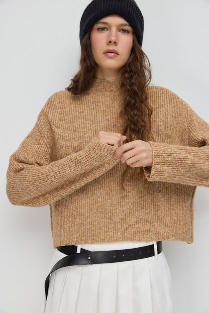 Kurzer Strickpullover mit halbem Rollkragen