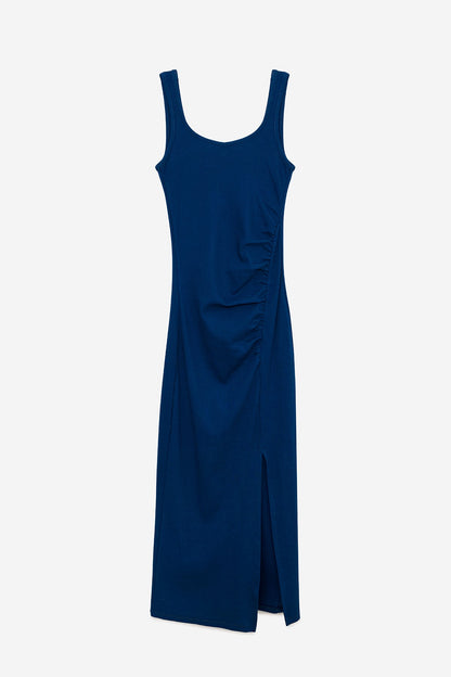 Midikleid mit Schlitz und Raffungen