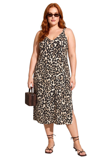 Leopardenmuster Midi Kleid mit Schlitz