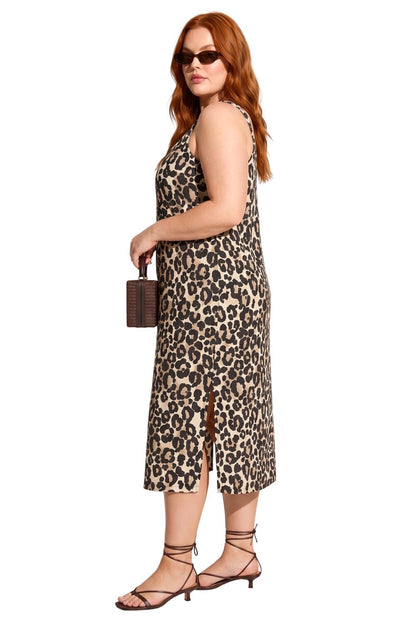 Leopardenmuster Midi Kleid mit Schlitz
