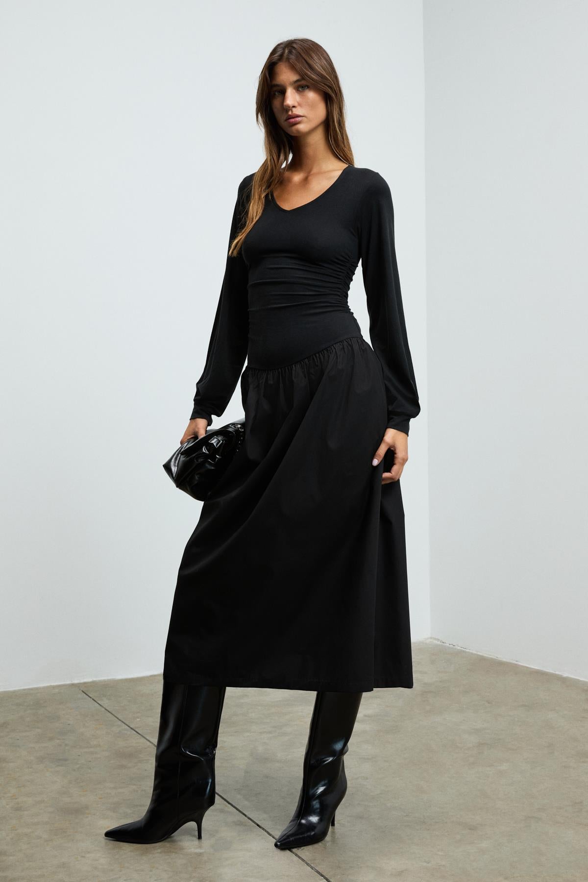 YOKEND Damen Popeline Kleid V-Ausschnitt