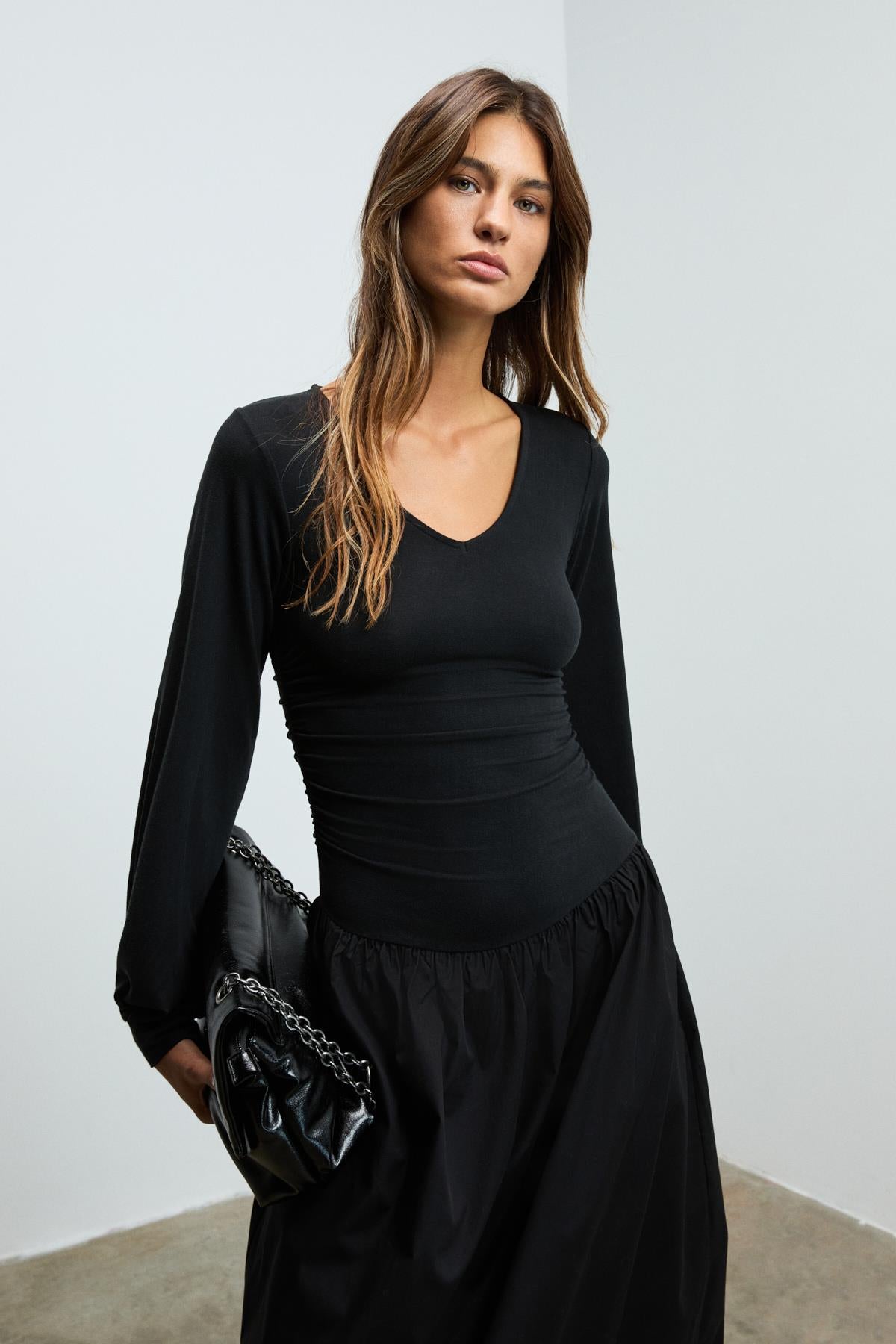 YOKEND Damen Popeline Kleid V-Ausschnitt