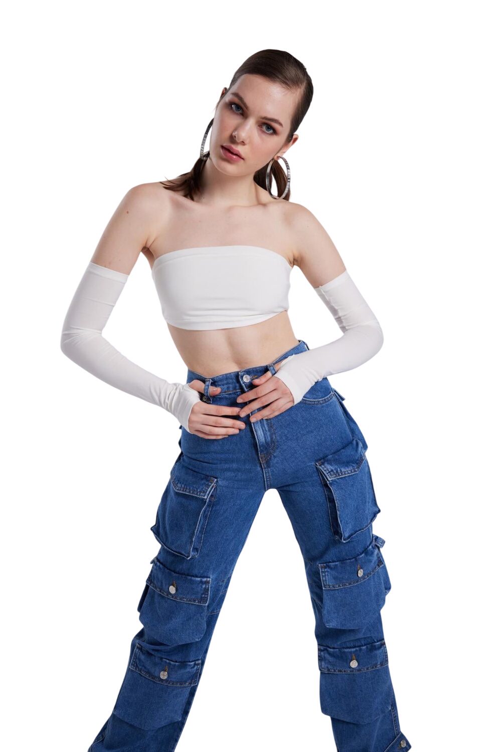 Hochtaillierte Cargo Jeans Weit