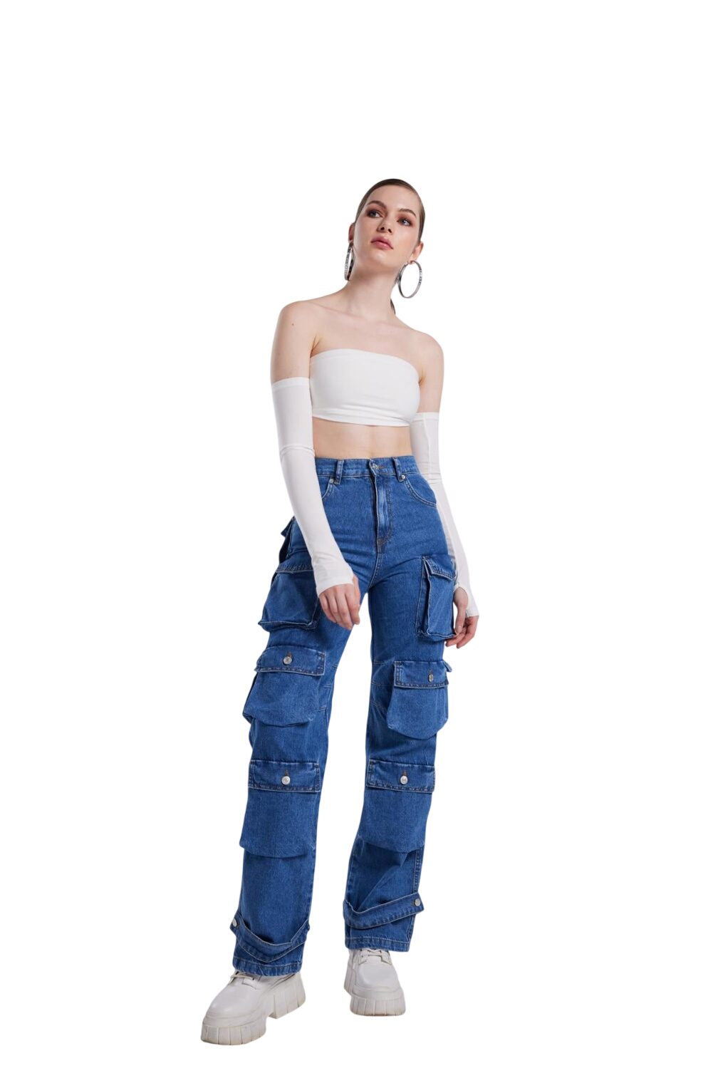 Hochtaillierte Cargo Jeans Weit