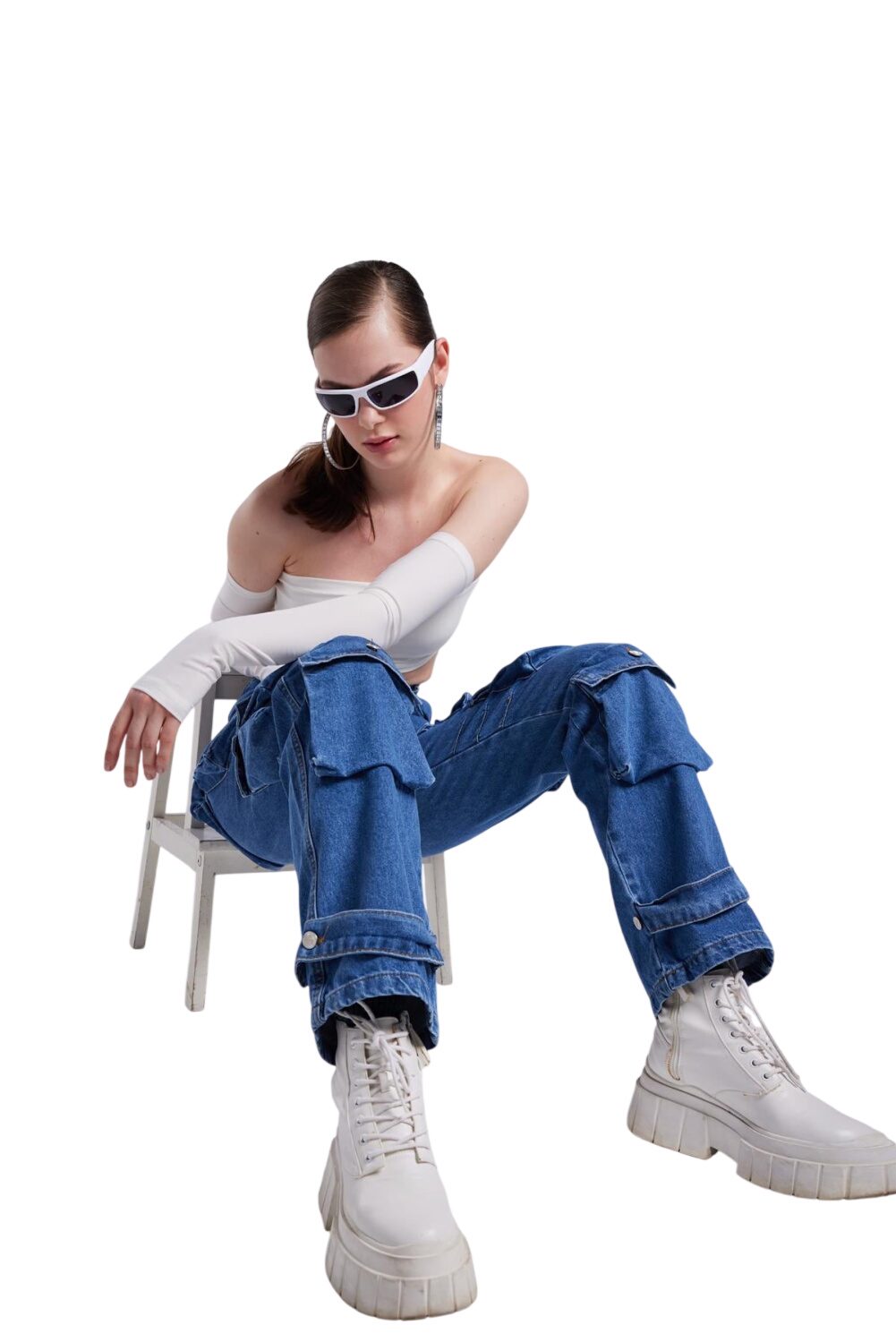 Hochtaillierte Cargo Jeans Weit