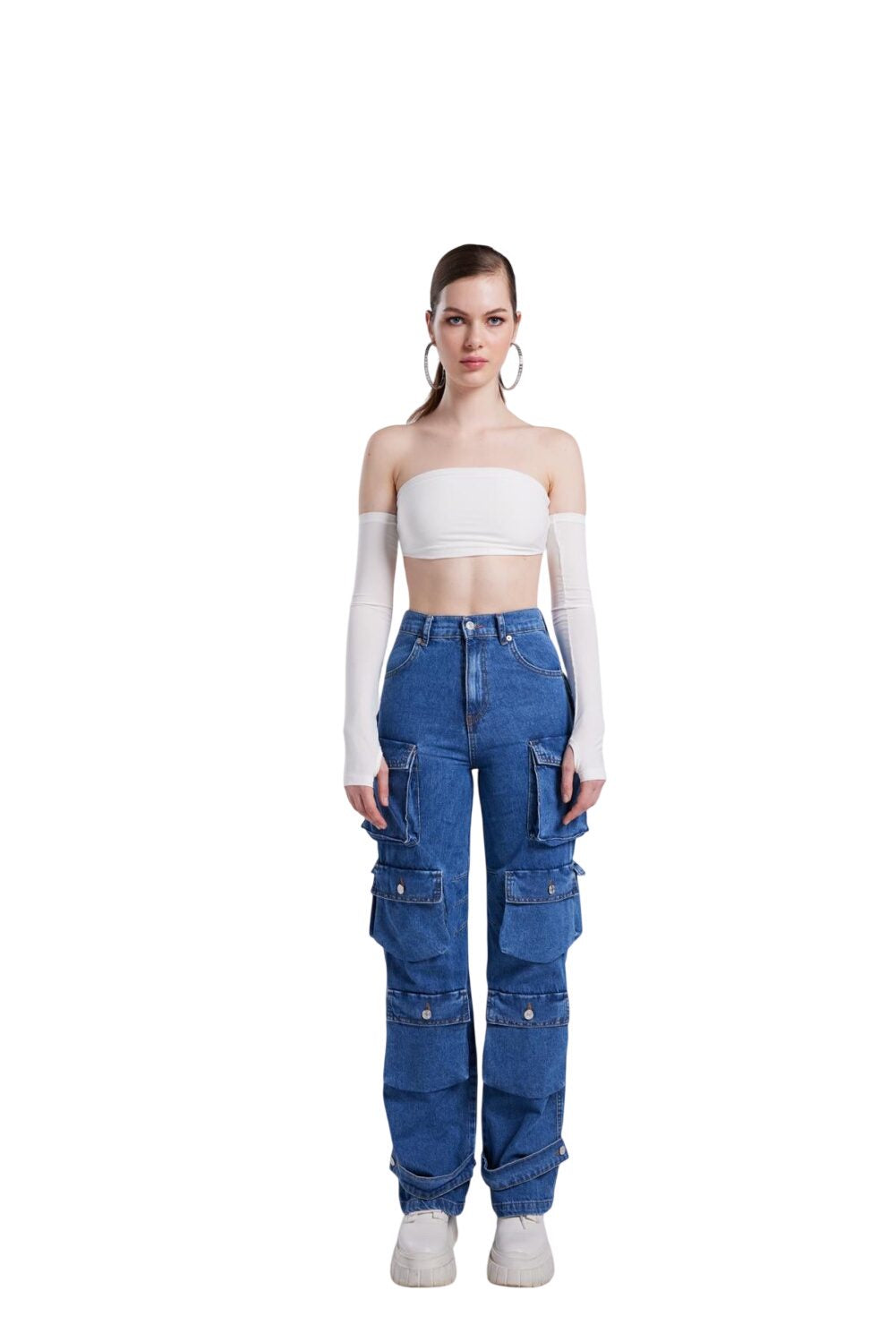 Hochtaillierte Cargo Jeans Weit