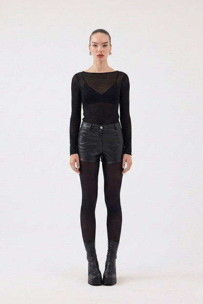 Hochtaillierte Schwarze Leder-Shorts