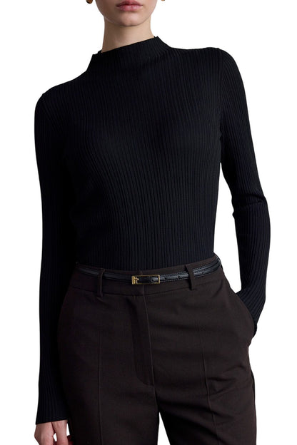 SCHWARZE STRICKBLUSE MIT HOCHAUSSCHNITT