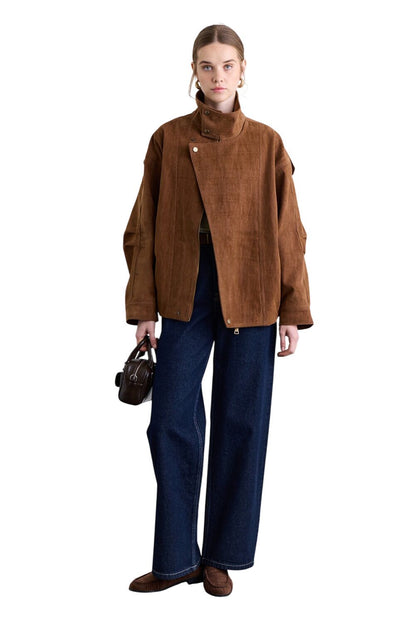 Jacke mit hohem Kragen, beflockt, Kamel