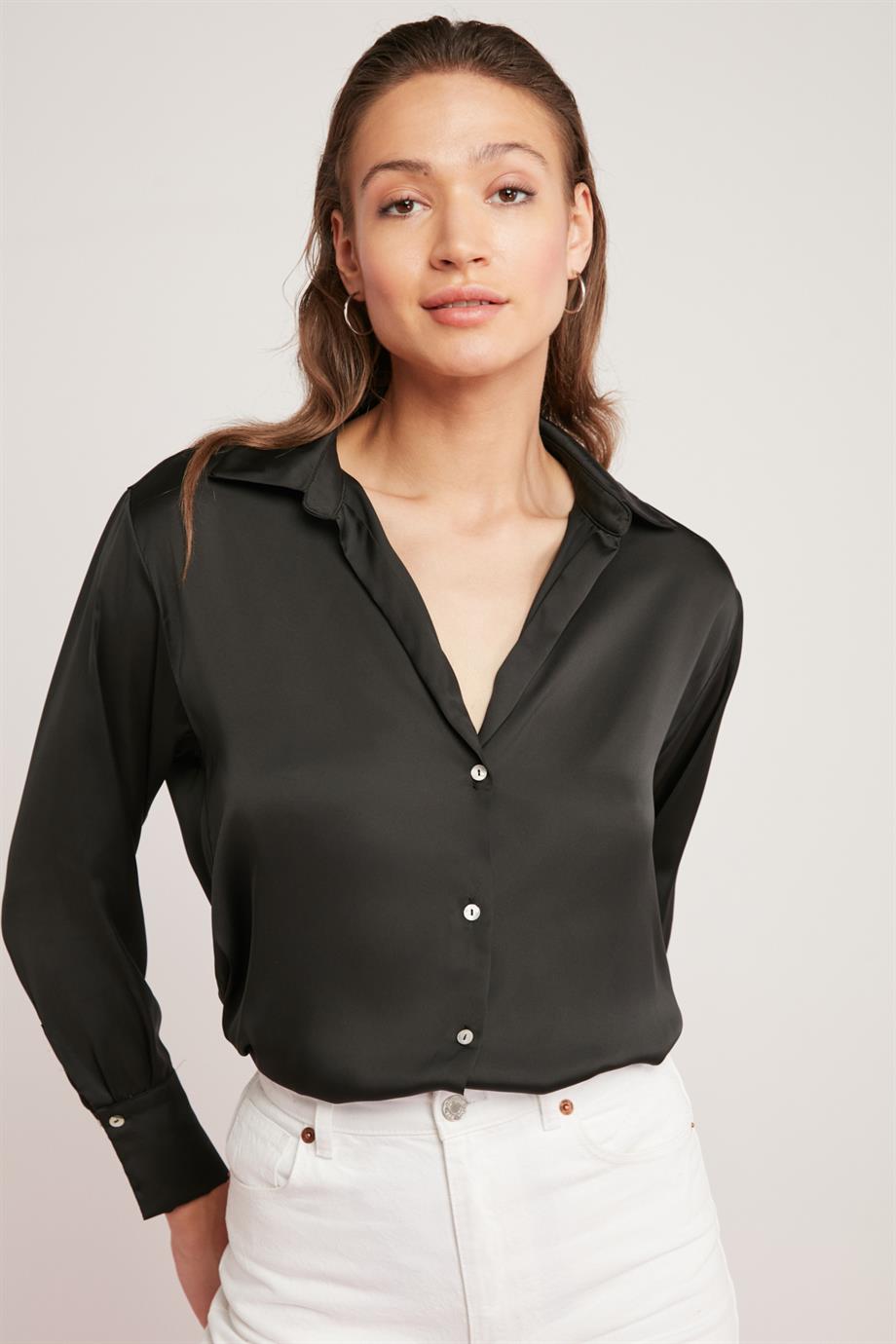 ETHIQUET YVONNE Satin Regular Fit Bluse Schwarz