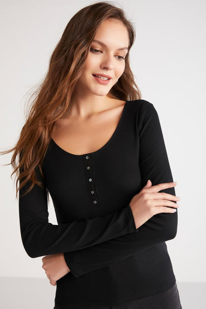 Damen Gerippte Figurbetonte Knopfbluse