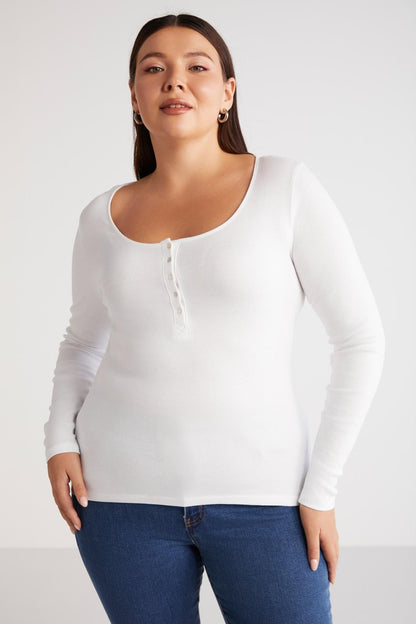 Damen Plus Size Gerippte Knopfbluse