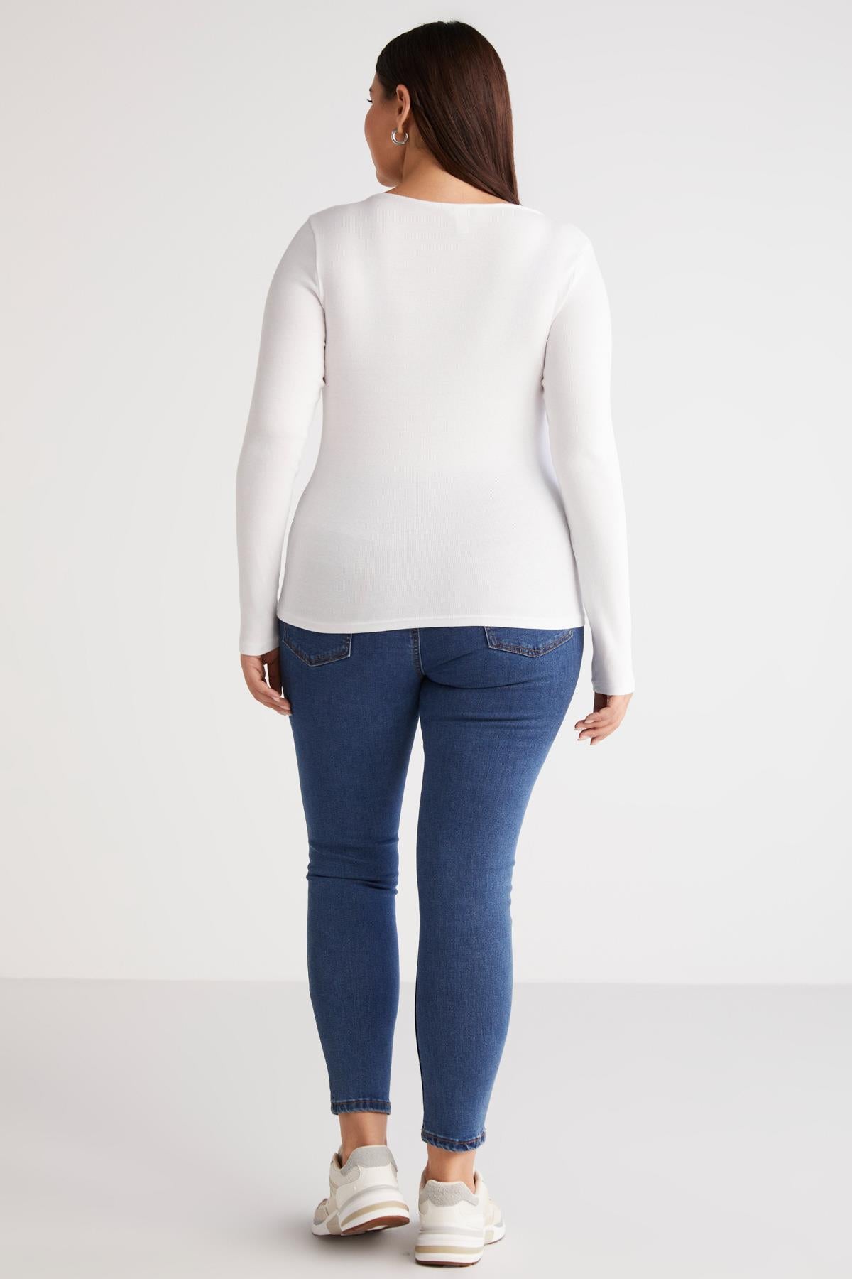 ETHIQUET Damen Plus Size Gerippte Knopfbluse Weiß