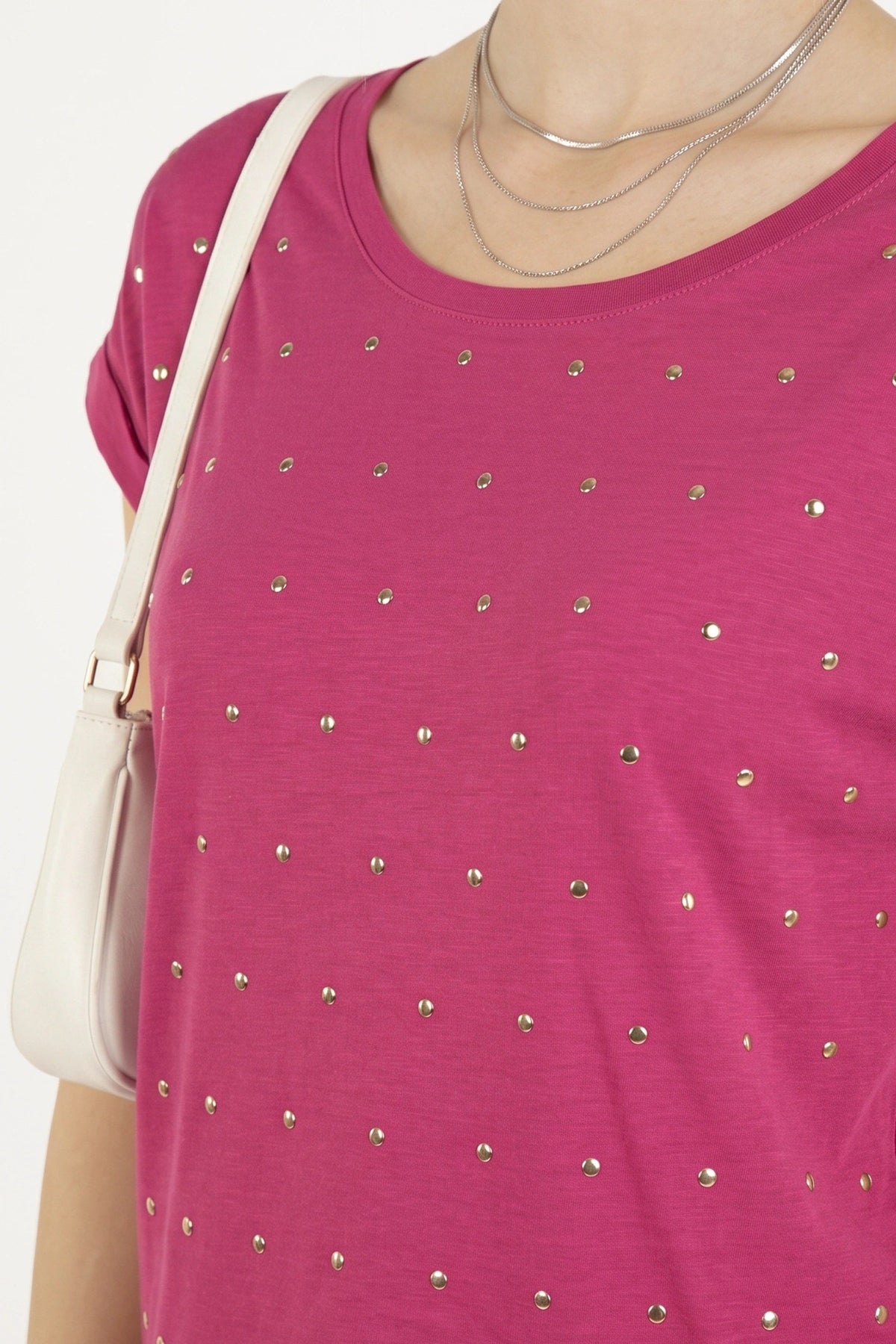 Stud-Detail Weiches T-Shirt mit tiefem Ausschnitt