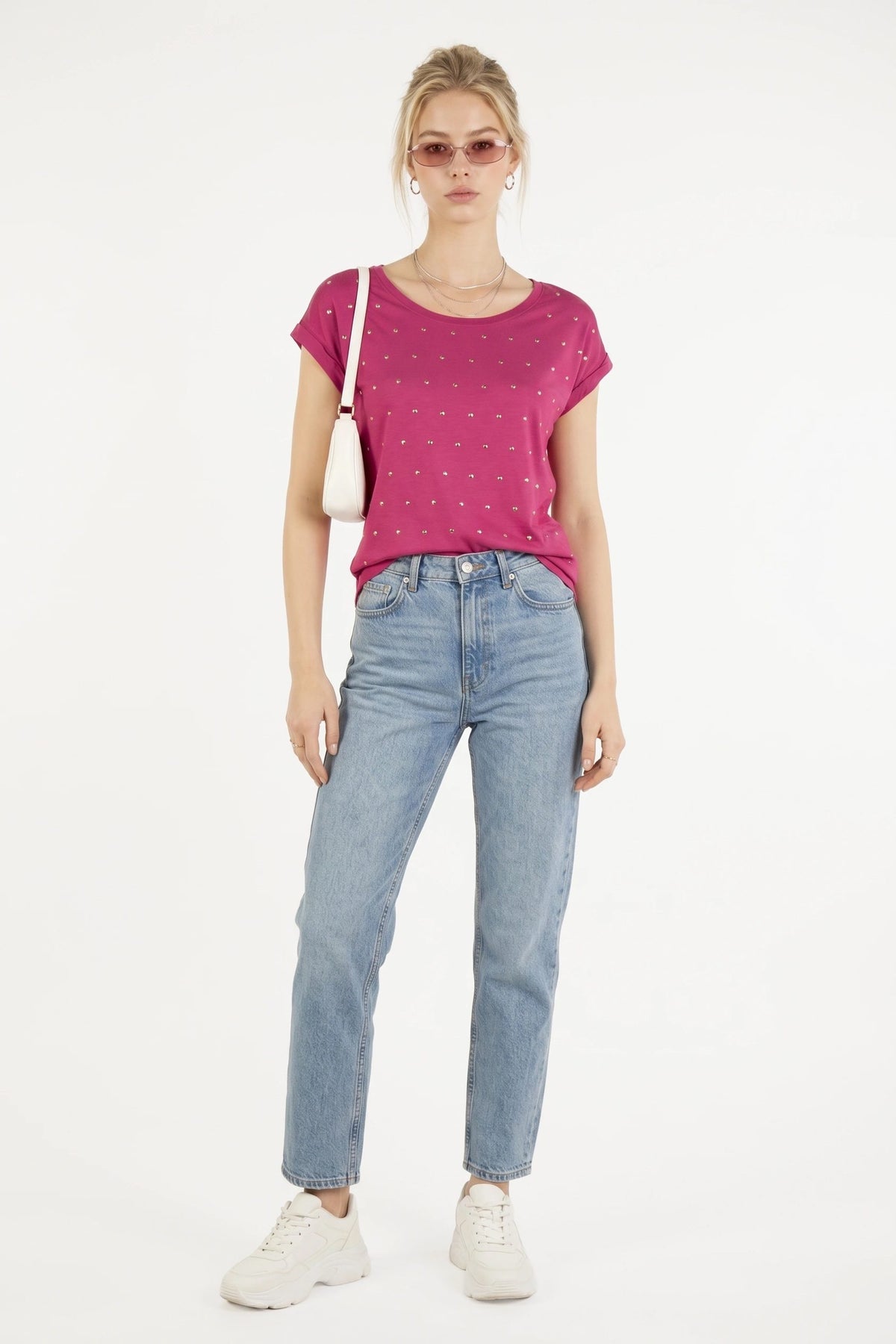 Stud-Detail Weiches T-Shirt mit tiefem Ausschnitt