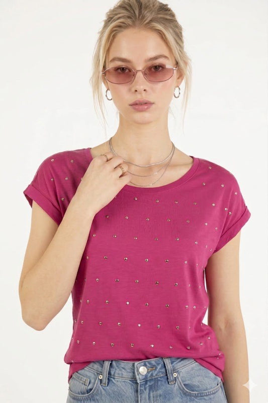Stud-Detail Weiches T-Shirt mit tiefem Ausschnitt
