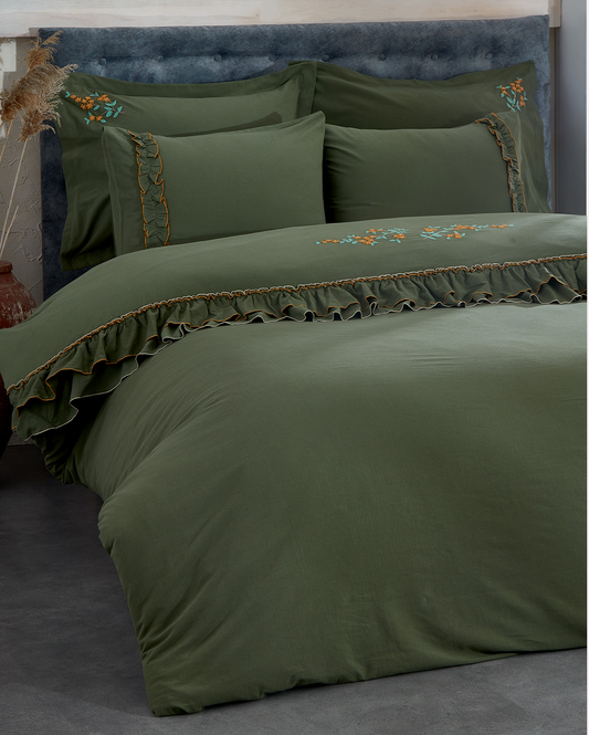 Embroidered Duvet Cover Set - Green