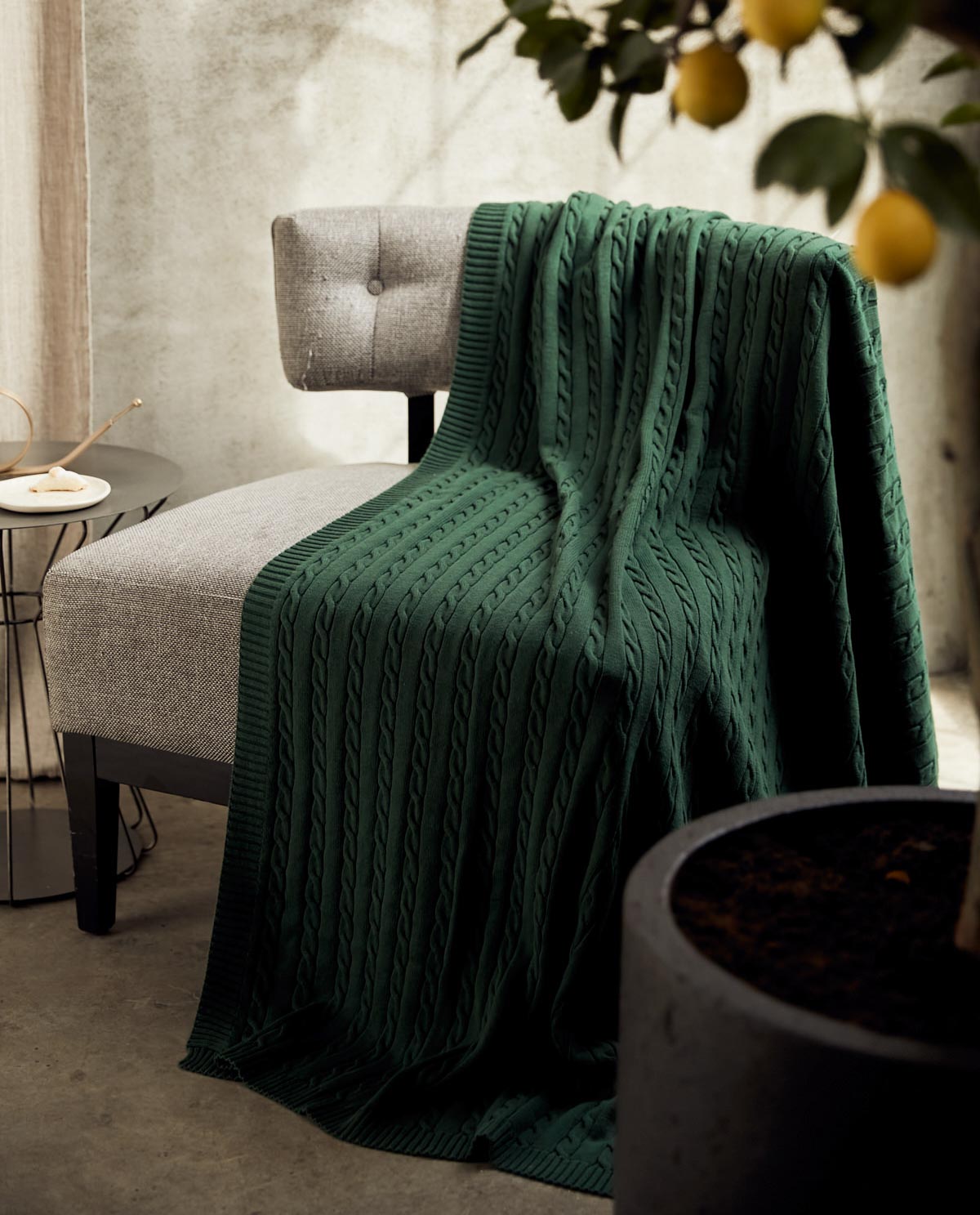 Braid Cable Knitted 100% Cotton Blanket - Dark Green
