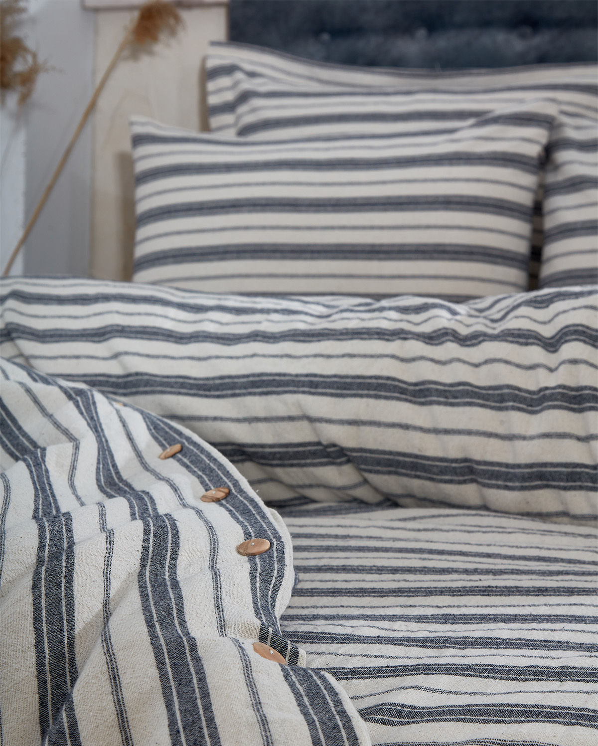 Linen Double Striped Duvet Cover Set - Blue