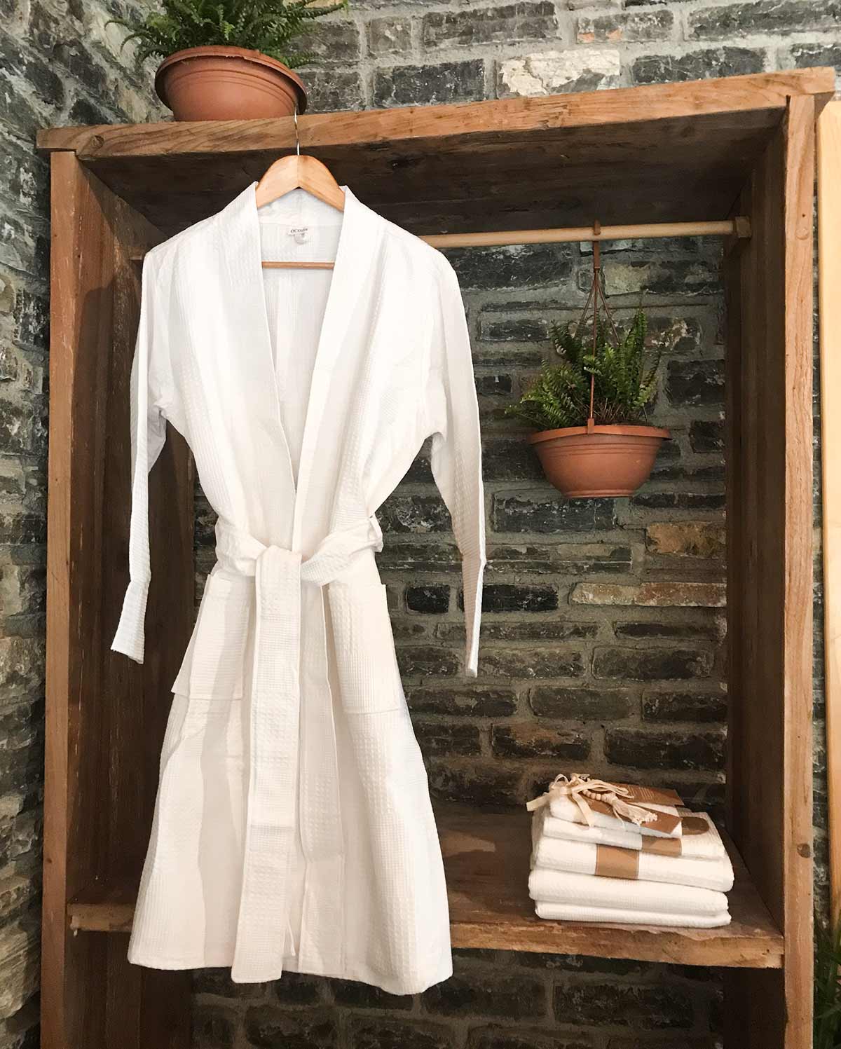 Santorini Waffle Cotton Bath Robe White Ocoza - Main Image