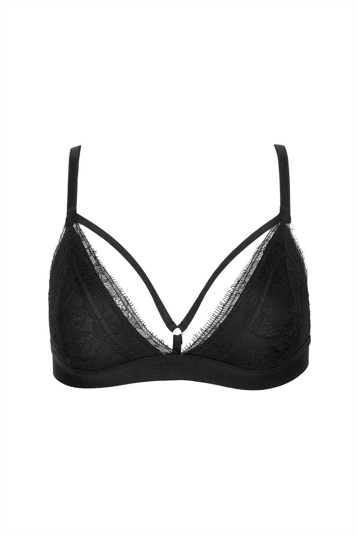 Front Straps Lined Triangle Lace Bra Black