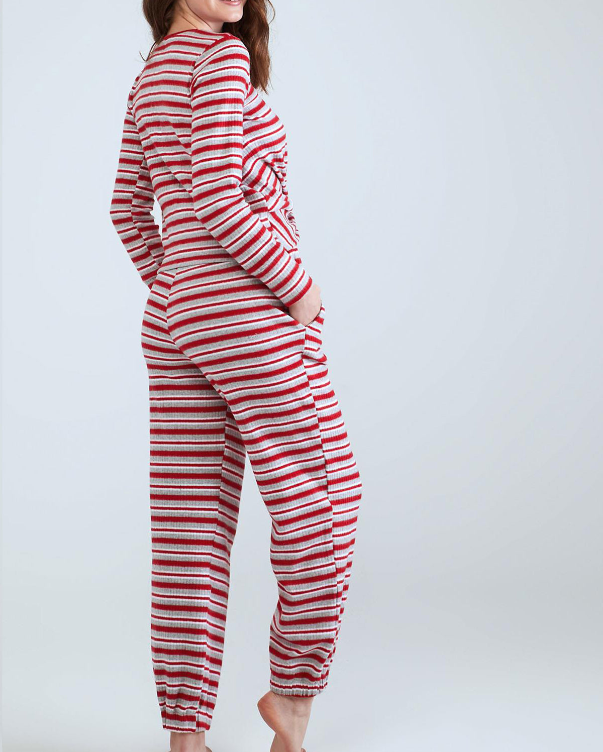 Cross Front Long Sleeve Striped Pyjama Set Red Grey