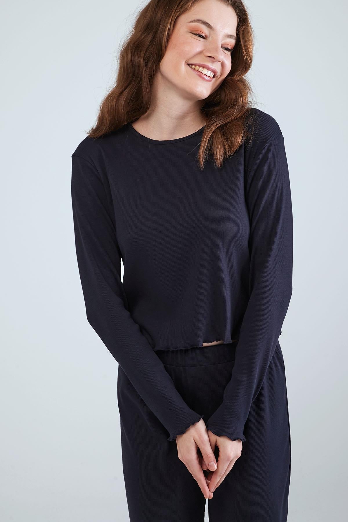 Long Sleeve Crew Neck Pyjama Set - Navy Blue