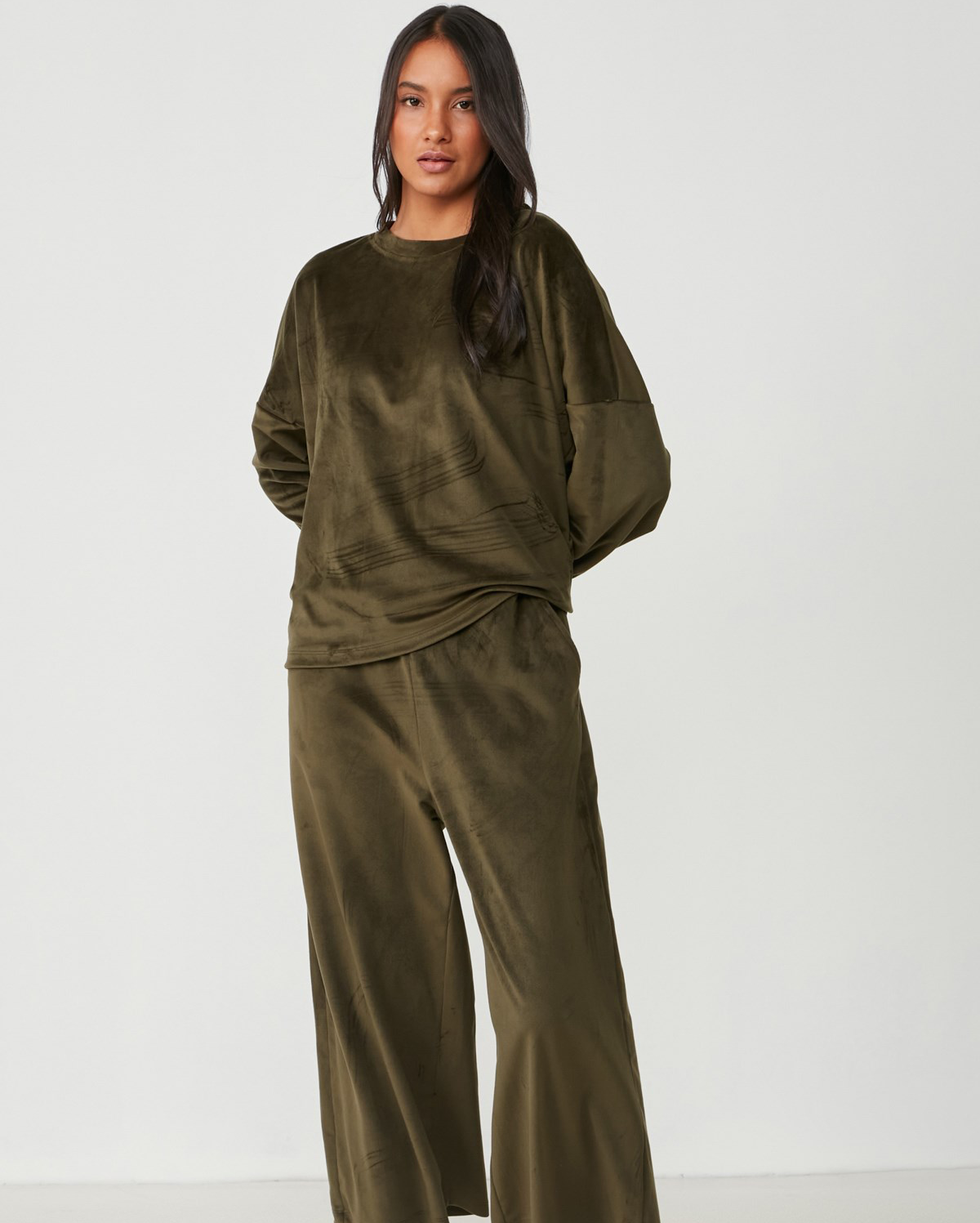 Long Sleeve Velvet Pyjama Set - Khaki
