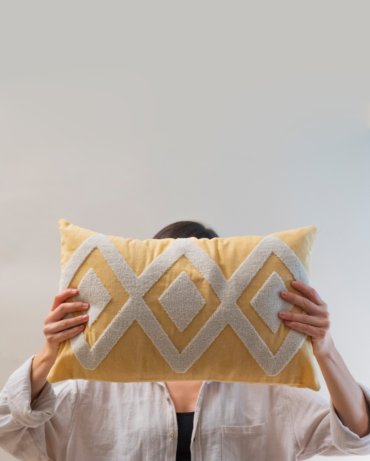 Zigzag Embroidery Cushion Cover - Yellow & Grey